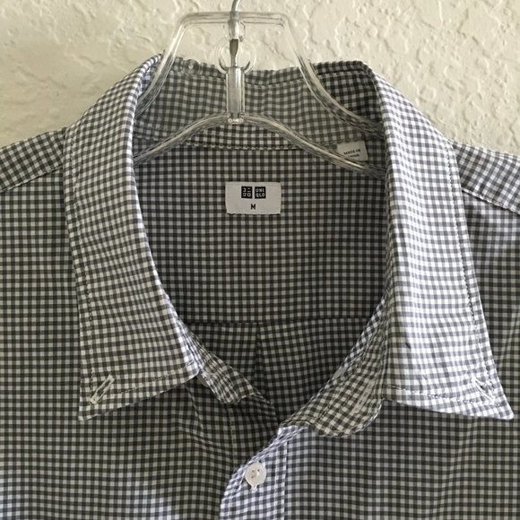 Uniqlo Mens Button Down Casual Shirt Checker Front Pocket Size M Grey - Picture 2 of 12